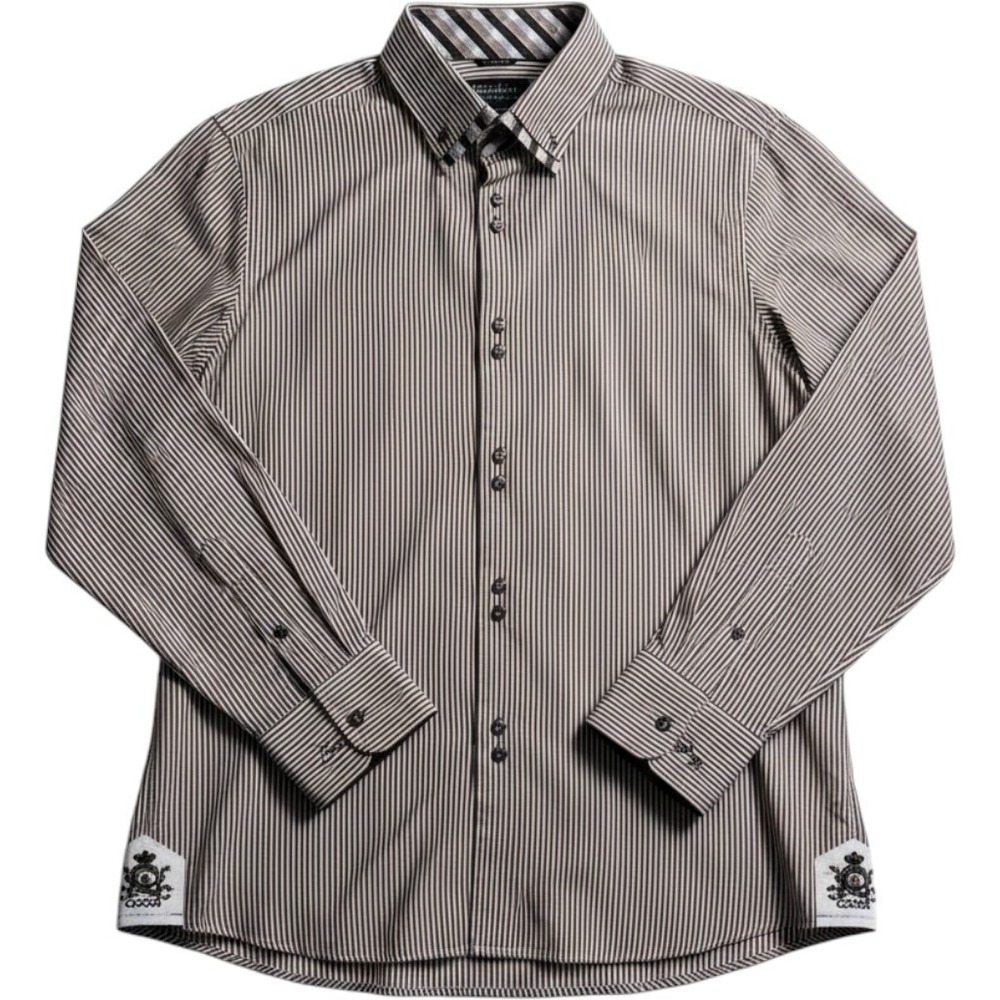 Coogi Luxe Button Down Shirt Mens XL Brown White Striped Long Sleeve Crest